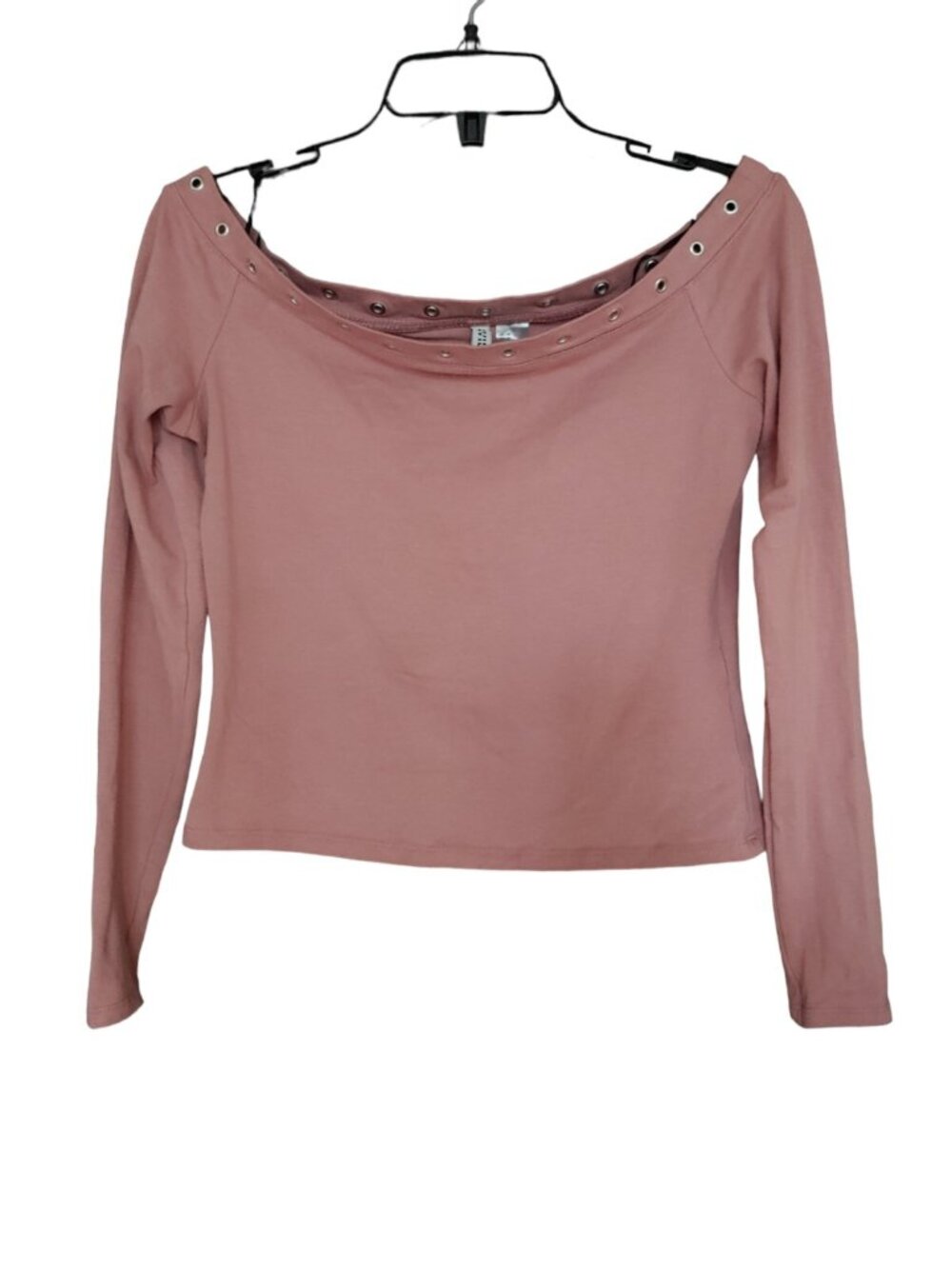 H&M Divided Scallop Neck Blouse Women M Pink Embellished Metal Ring Long Sleeve